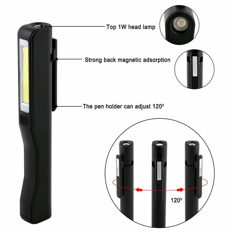 Usb recarregável portátil cob led lanterna recarregável caneta magnética clipe mão tocha luz de trabalho bateria embutida com ímã