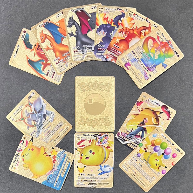Sprzedaj dobrze hiszpański Pokemon metalowy na kartę Vmax oryginalny PIKACHU Charizard złoty holenderski kolekcja gier