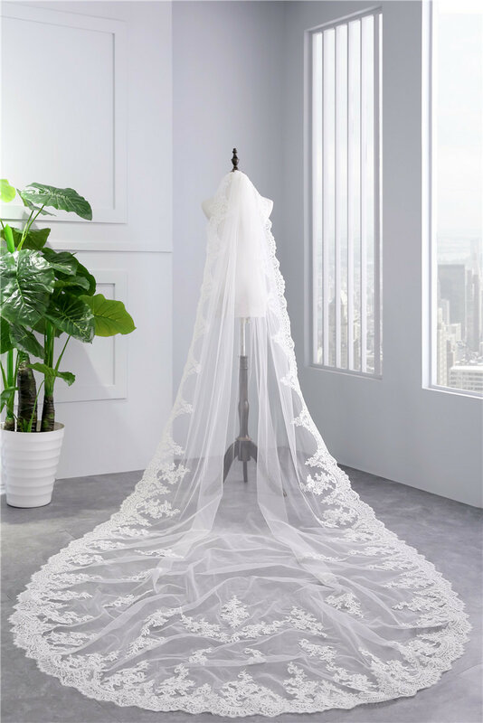 NZUK حجاب الزفاف طويلة مع مشط طبقة واحدة 3 متر الزفاف الأبيض العاج الدانتيل حافة زين طول الكاتدرائية الحجاب مع مشط الفوال