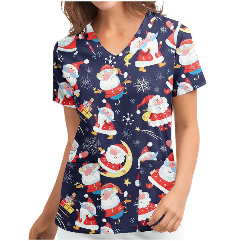 2022 mulheres de enfermagem manga curta t-shirts papai noel impressão com decote em v topos de trabalho uniforme natal boneco de neve harajuku camiseta l * 5