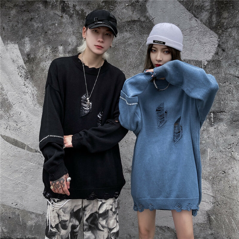แฟชั่น Distressed หลุมจัมเปอร์เสื้อกันหนาว Streetwear ผู้หญิงผู้ชาย Hip Hop Harajuku Casual เสื้อถักเสื้อชาย