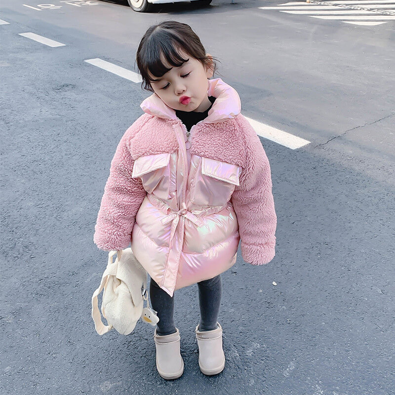 Hot selling lambswool patchwork cotton coat children plus velvet jackets girls warm thicken outerwear tops kids clothes ws1301