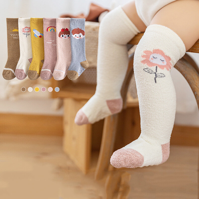 Calcetines de lana antideslizantes para bebé, medias gruesas hasta la rodilla, cálidas, para interiores, para otoño e invierno, 1 par