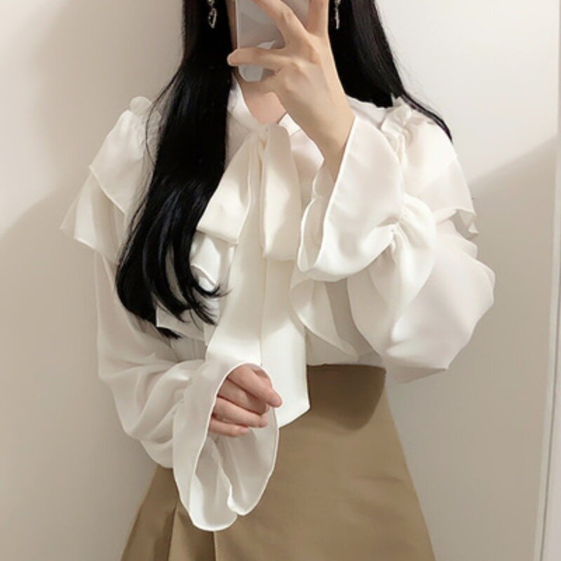 한국어 세련된 셔츠 여성의 새로운 달콤한 연꽃 잎 활 레이스 업 우아한 쉬폰 탑