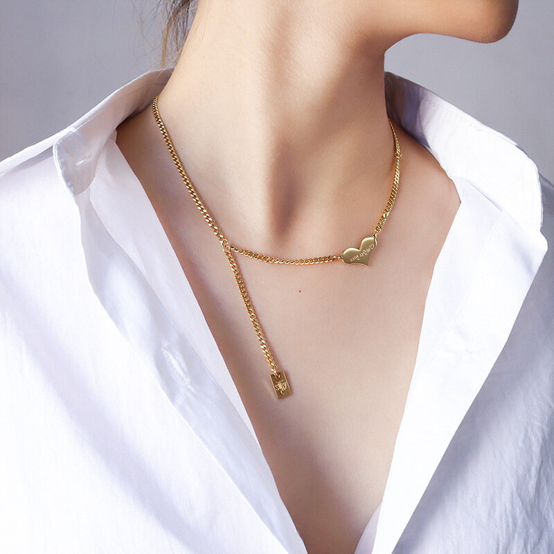 Kalung Cinta Hati Persik Liontin Rumbai Geometris Perhiasan Rantai Tulang Selangka Baja Tahan Karat untuk Perhiasan Aksesori Gotik Wanita