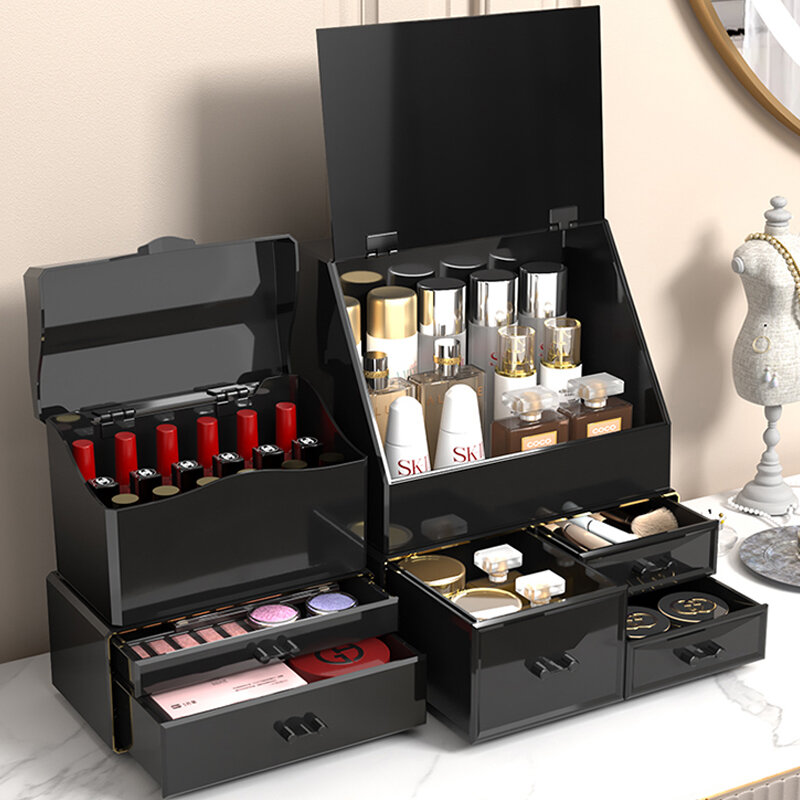Joybos Kotak Organizer Makeup Akrilik DIY Organizer Makeup Penyimpanan Laci Wadah Kosmetik Tahan Debu Kotak Penyimpanan Kapasitas Besar