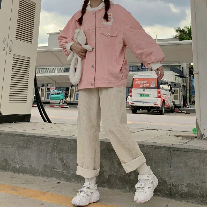 Pantaloni coreani per studenti Harajuku Streetwear pantaloni dritti donna giapponese Vintage morbida ragazza velluto a coste cento torri pantaloni Casual nuovo