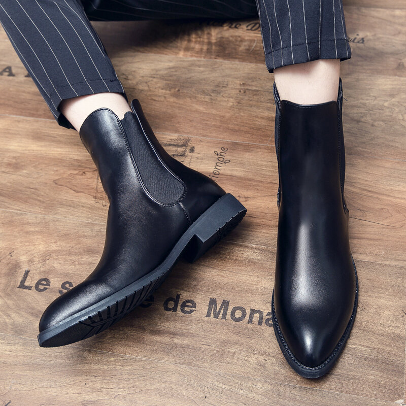 New Men Shoes Handmade Black PU Classic Simple Set on High-end Fashion Casual All-match Dress Temperament Chelsea Boots 3KC716