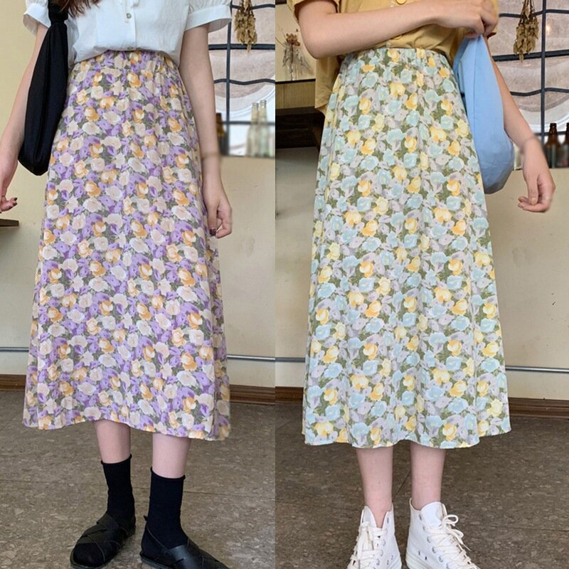 Women's Floral Print High Waist Sweet Leisure Chiffon Midi Skirt