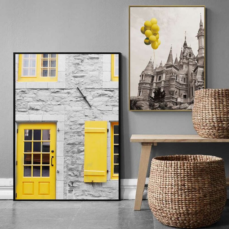 Landscape Street View retro art canvas painting yellow bicycle still life poster office living room home decoration mural