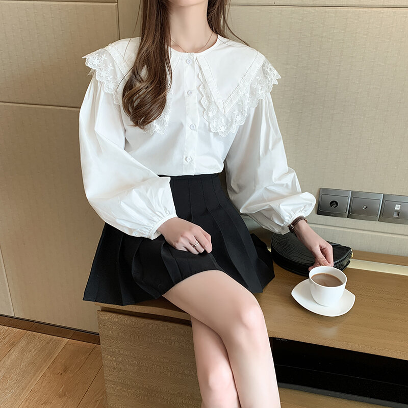 Atasan Wanita Renda Lengan Panjang Musim Semi Baru 2021 Gaya Korea Lentera Celana Pendek Lengan Boneka Kerah Kemeja Putih Blus Wanita 580H