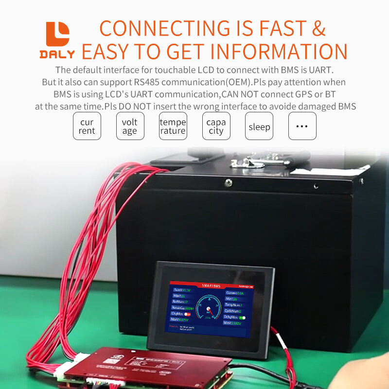 Accesorios BMS inteligentes, cable USB Bluetooth a UART RS485, placa de alimentación CANbus, pantalla LCD táctil para Daly 3s, 4s, 6s, 10s, 13s, 14s, bms