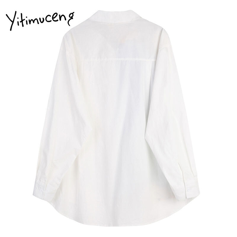Yitimuceng imprimir branco blusa feminina botão acima camisas soltas nova primavera 2021 moda manga longa turn-down colarinho senhora do escritório topos