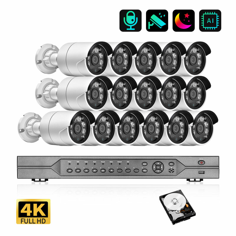 Kit de sistema de videovigilancia para exteriores, Kit de cámara IP 4K Ultra HD con visión nocturna a Color, H.265, 16 canales, 8MP, NVR POE, P2P
