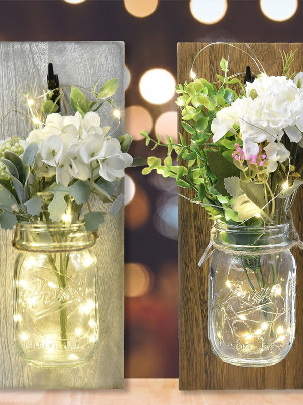 2 Buah Wadah Dinding Botol Mason Pedesaan dengan Lampu Peri Led Bunga untuk Dekorasi Kamar Tidur Dinding Bar Kafe Pernikahan Rumah Pedesaan
