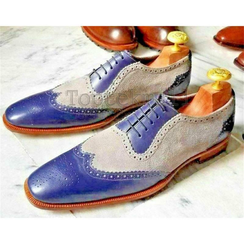 Men's Handmade High-quality Purple  Stitching Gray Suede Hollow Lace-up Pointed Toe Low-heel Fashion Casual Brogue Shoes ZQ0008