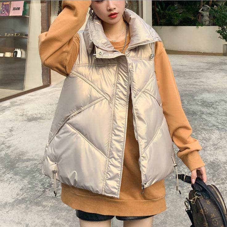 Colete feminino estilo coreano, jaqueta feminina sem mangas gola virada zíper manga curta algodão k1500