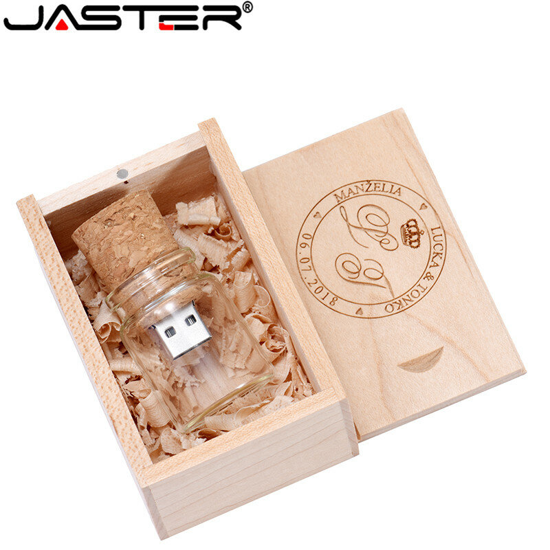 JASTER-lápiz de memoria USB 2,0, 4GB, 8GB, 16GB, 32GB, 64GB, botella de cristal de corcho, regalo de boda, logotipo gratis