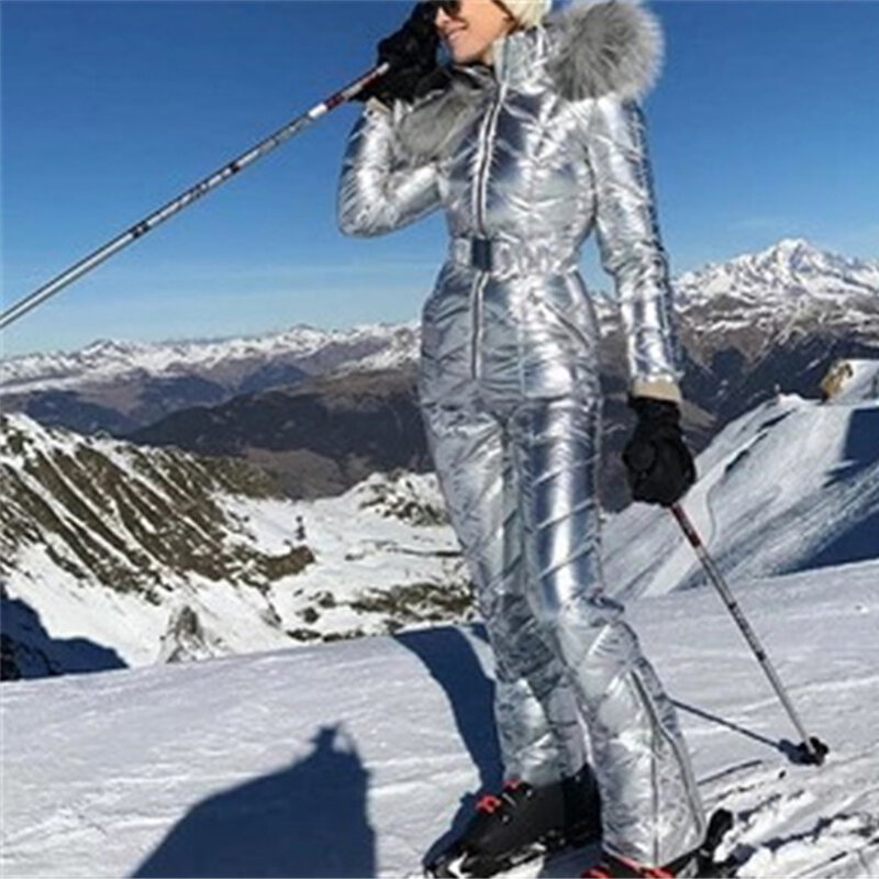 Glossy Winter Hooded Jumpsuits Parka Plus Size Padded Warm Sashes Ski Suit Straight Zipper One Piece Women Casual Tracksuits