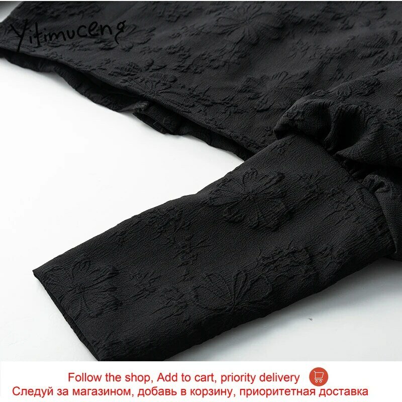 Yitimuceng-blusa negra con botones y lazo para Primavera, Camisa lisa de manga larga con cuello en V y partes superiores nuevas, estilo coreano, 2021