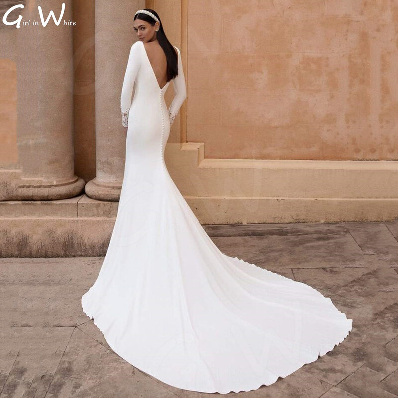 Женское атласное свадебное платье It's yiiya, белое элегантное платье с длинным рукавом, круглым вырезом и открытой спиной на лето 2019