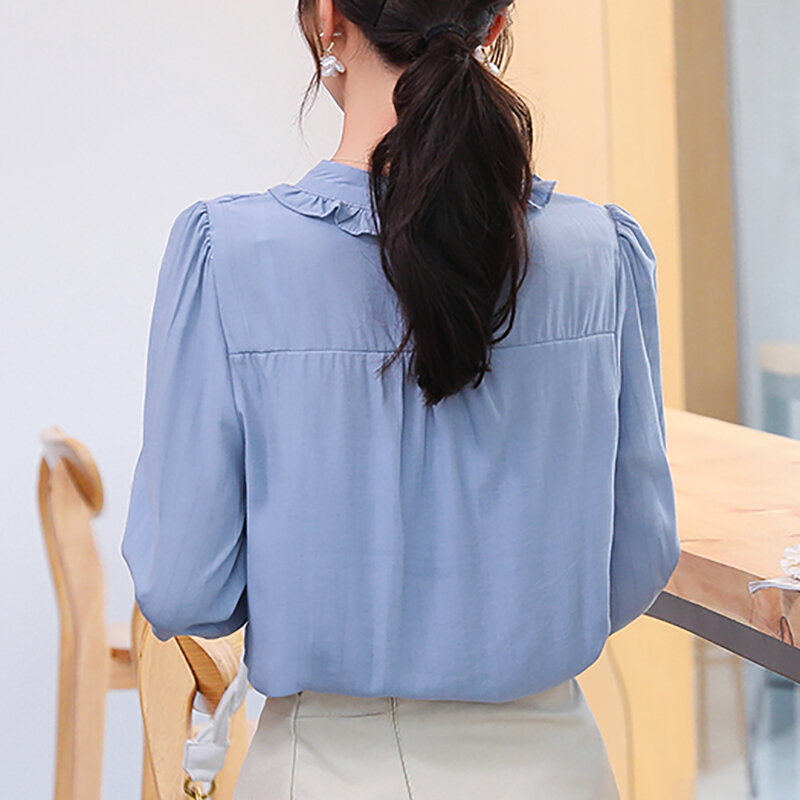 Moda potargane bluzki damskie bluzki stanąć kołnierz szyfon do biura bluzka kobiet z długim rękawem Blusas Elegantes De Mujer 2021
