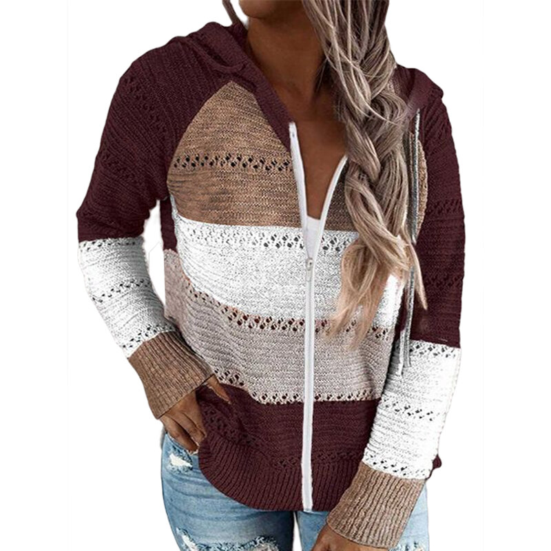 Кардиган женский с капюшоном и длинным рукавом, модный свободный свитер в стиле пэчворк, повседневная одежда, свитер на осень-зиму