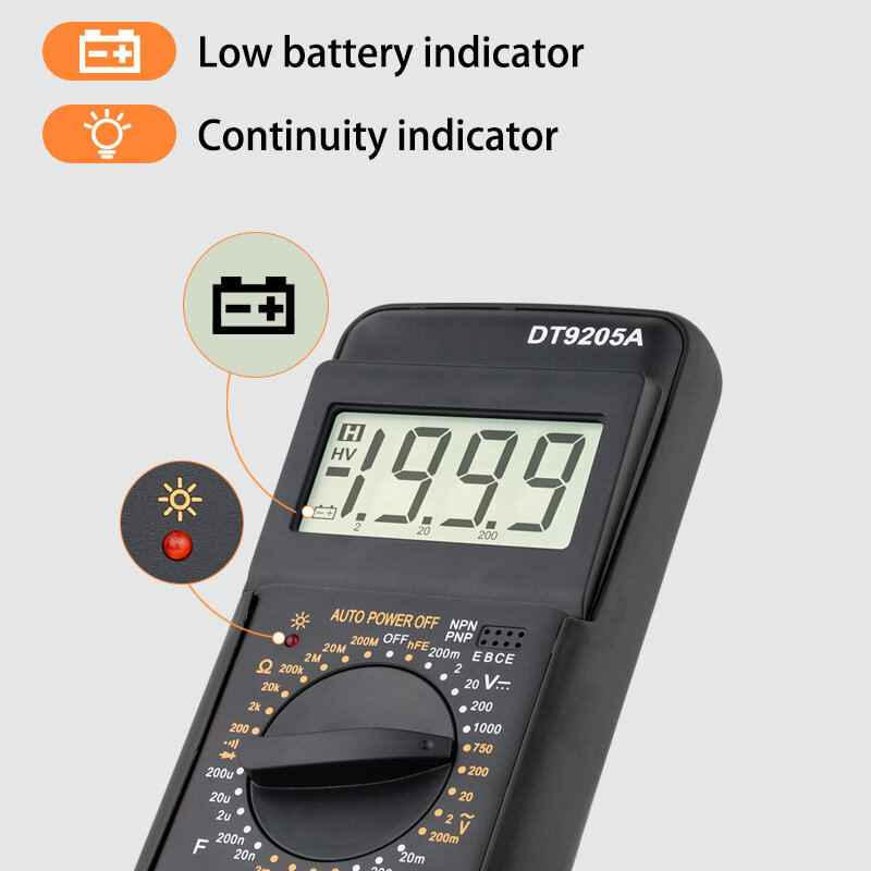 DT9205A المتعدد الرقمية المهنية جهاز قياس الجهد الكهربائي التيار المتناوب تيار مستمر 1000 فولت 20A السعة الحالية المقاومة ديود استمرارية متر