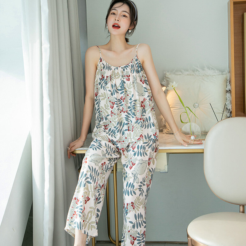 Seksowne małe szelki piżamy damskie letnie cienkie Ins stylowe Rayon odzież domowa japoński wiosenny i jesienny garnitur Bourette