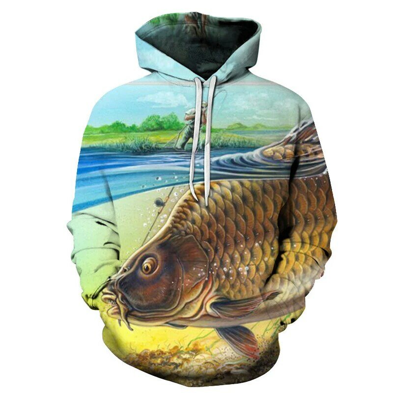 3D 물고기 까마귀 남자 운동복 재미 있은 열대 어부 참치 인쇄 봄과 가을 개성 두건이있는 스웨터