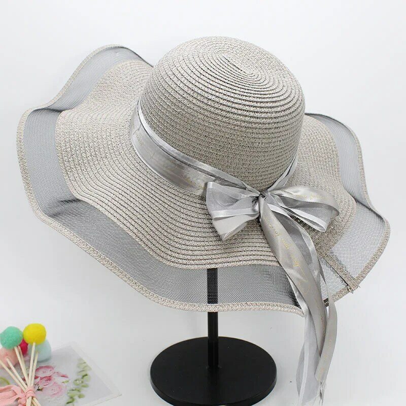 New Summer Female Sun Hat Bow Straw Cowboy Hat Visor Temperament Flat Straw Hat Women's Sea Beach Vacation Leisure Sunscreen Hat
