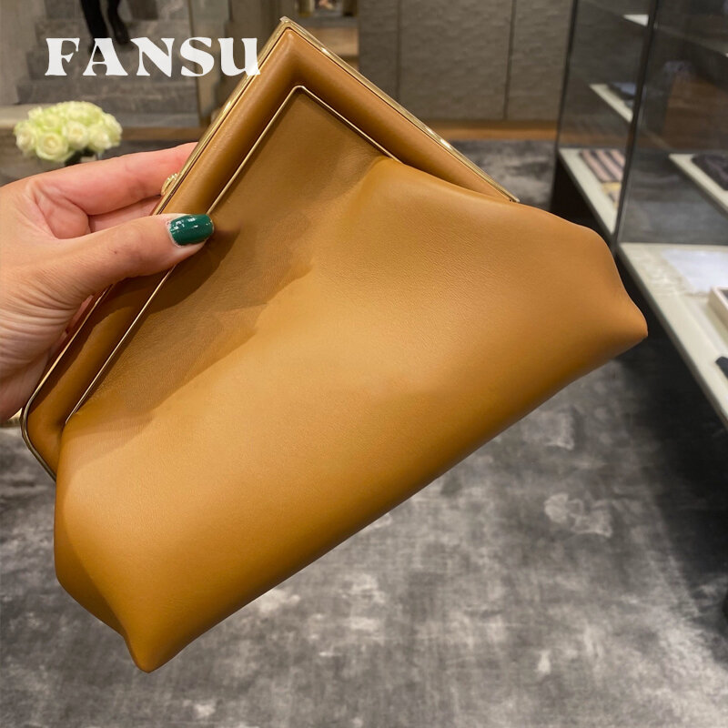 FANSU Frt New Fashion Simple Clip Metal Edge Leisure Hand Chain Dumpling Bag Dinner Shoulder Crossbody Leather Clip Bag