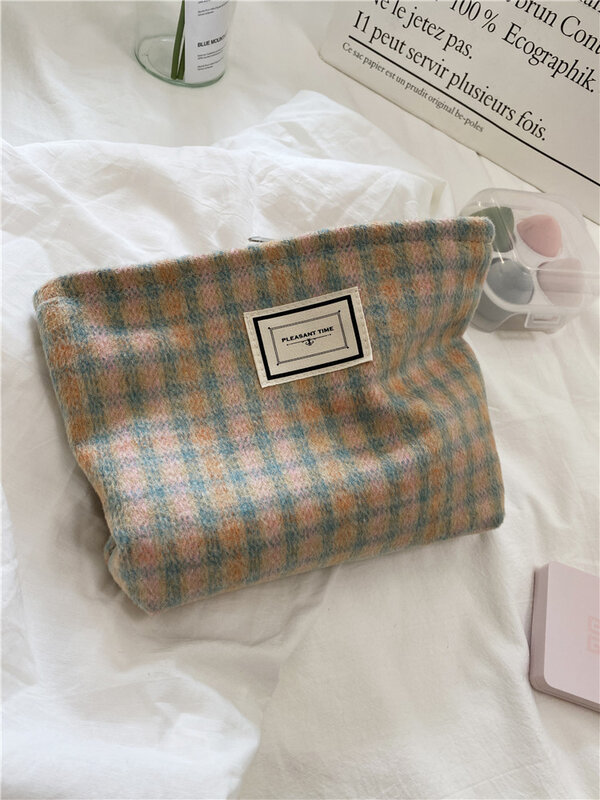 Retro Plaid kosmetyczka kobiety podróżny organizator do kosmetyków do makijażu torby duże kosmetyczki neceserie przechowywanie koreańska, z zamkiem błyskawicznym Beauty Pouch