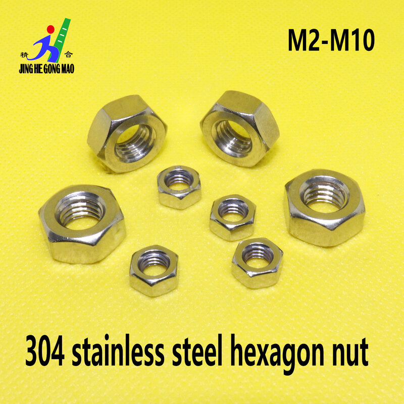 Tuerca hexagonal de acero inoxidable para M2, M2.5, M3 M4 M5 M6 M8 M10 M12, M16, M20, M24, 1/50/100 Uds., A2 304