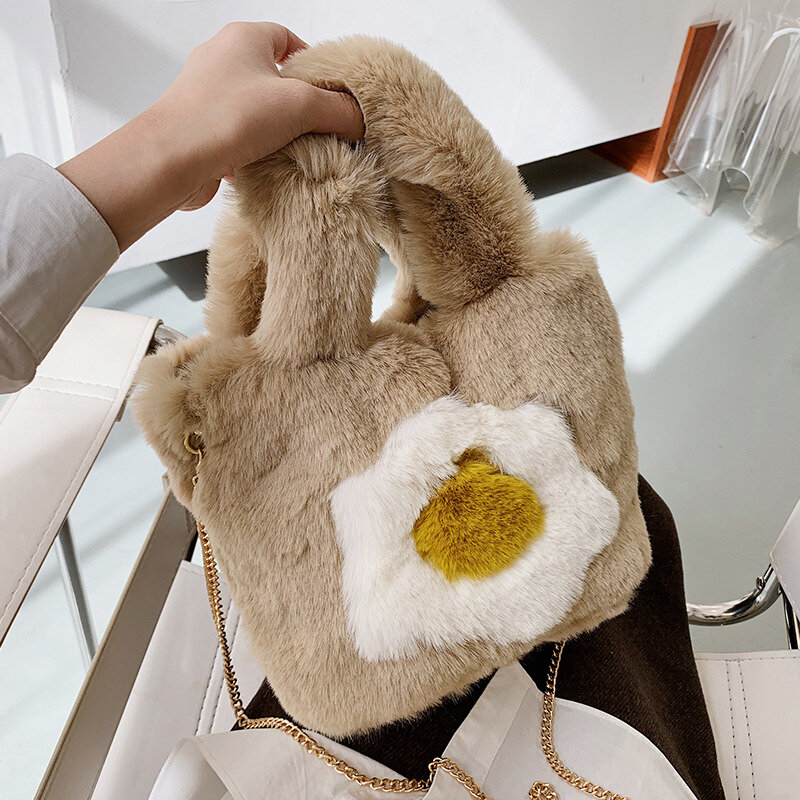 Zimowe pluszowe duże torby na ramię dla kobiet 2021 nowe luksusowe torebki moda jajko drukuj Faux Fur Casual Tote torba na zakupy panie