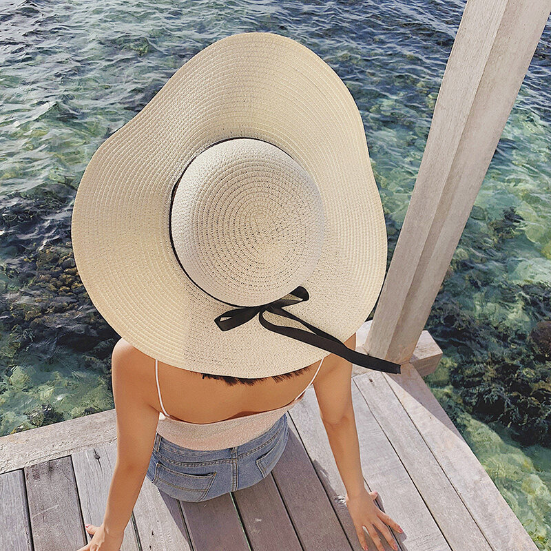 Шапка ฤดูร้อนสีทึบหมวกผู้หญิงบิ๊กกว้าง Brim Beach หมวกง่ายพับ Sun Hat ครีมกันแดด UV ปานามา