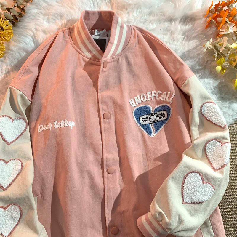Jaket Kardigan Ins Musim Gugur dan Musim Dingin Baru Y2K Pakaian Lengan Panjang Pasangan Seragam Bisbol Sulaman Cinta Manis Retro Amerika