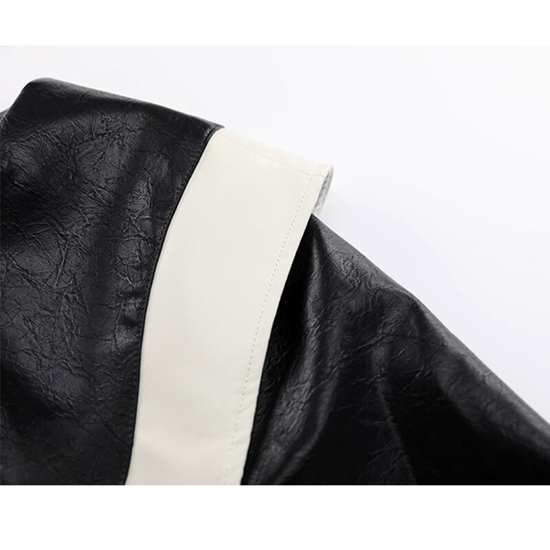 PU 가짜 가죽 자켓 여성 루스 캐주얼 자켓 Outwear 한국어 스타일 Spliced Black Leather Coat 2021 가을 빈티지 Chic New