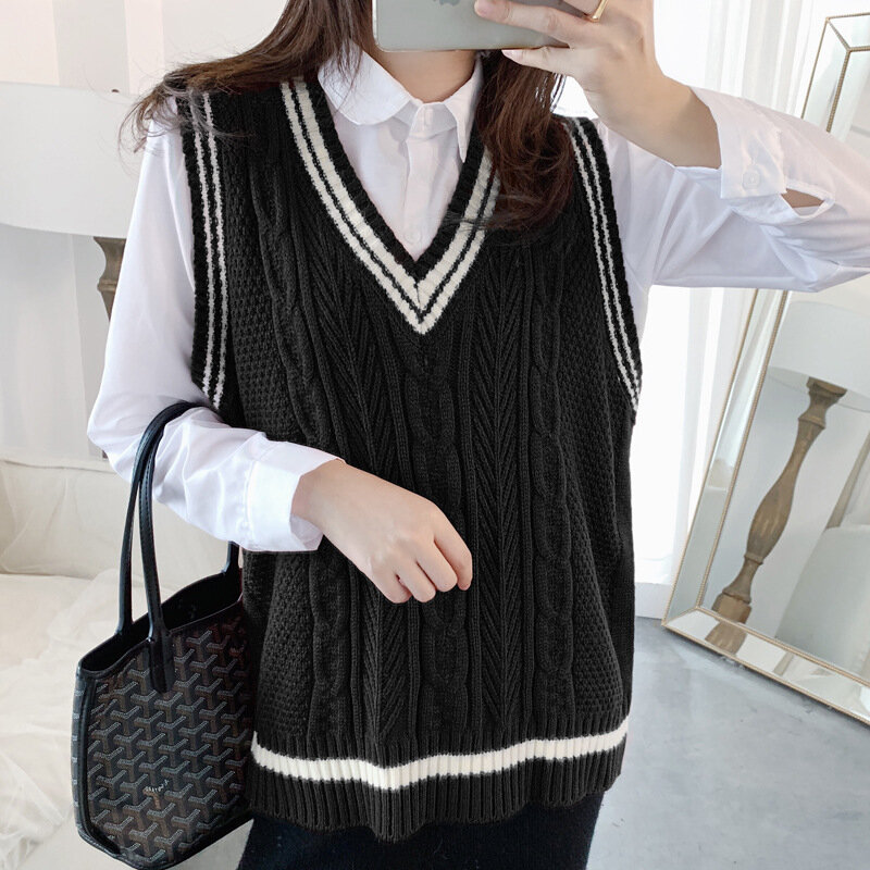 Autumn Winter Sweater Vest Women 2020 New Korean Preppy Style Sleeveless V-neck Loose Casual Knitted Sweater Vests