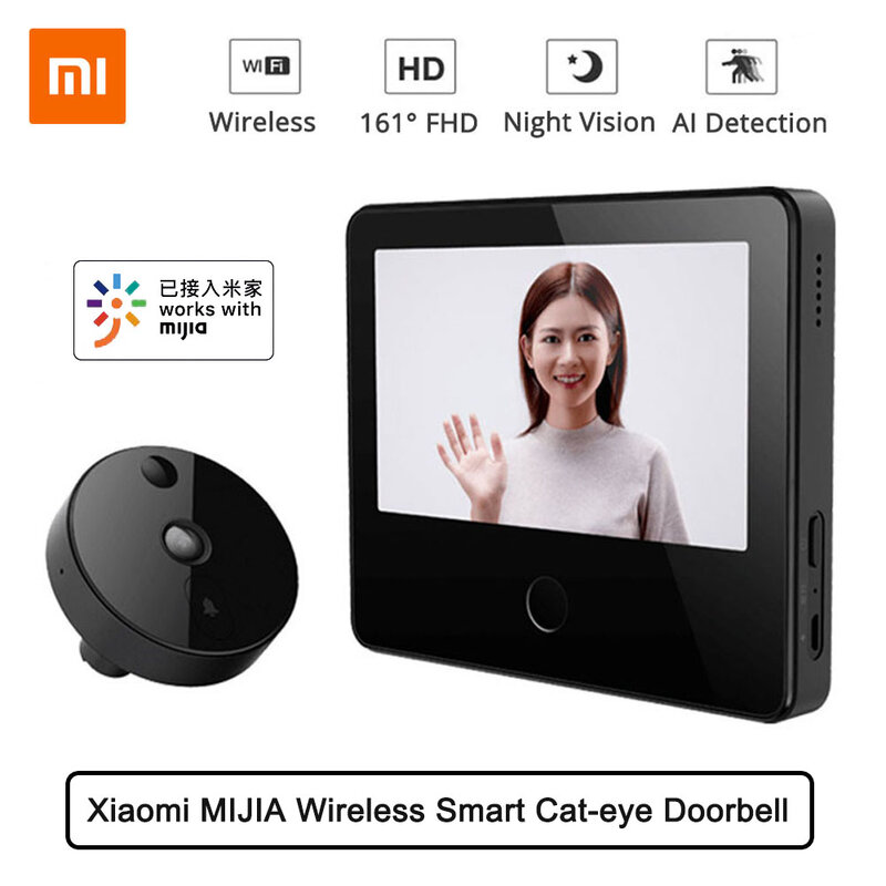 Xiaomi MIJIA-무선 스마트 캣아이 720P 161 FHD 비디오 초인종, 5 인치 터치 스크린 AI 얼굴 및 PIR 움직임 감지 5000m