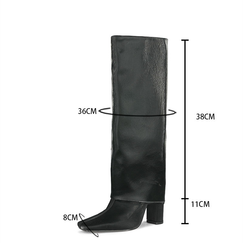 Botas con patrón de Lychee para mujer, botines de tacón negro plegables hasta la rodilla, puntiagudas Botas Largas Tacón cuadrado, novedad de 2020