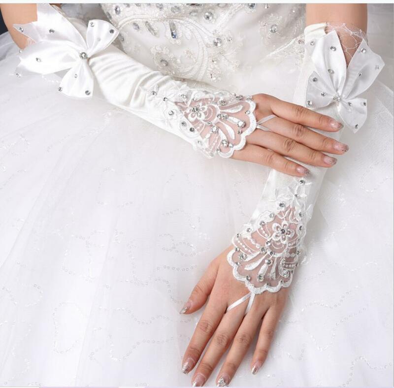 1คู่สีขาวงาช้างงานแต่งงานถุงมือสำหรับผู้หญิงหญิงความยาวข้อศอก Hook Finger ลูกปัดถุงมือ Elegant เจ้าสา...