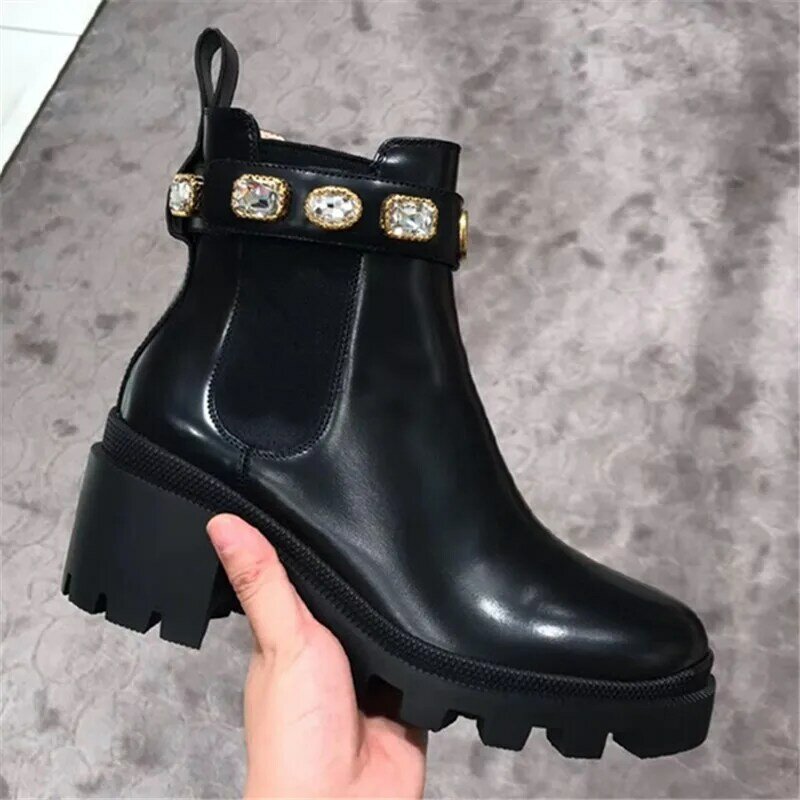 Botines de lujo para mujer, botines de tacón bajo gruesos estilo Chelsea, zapatos de plataforma, color negro