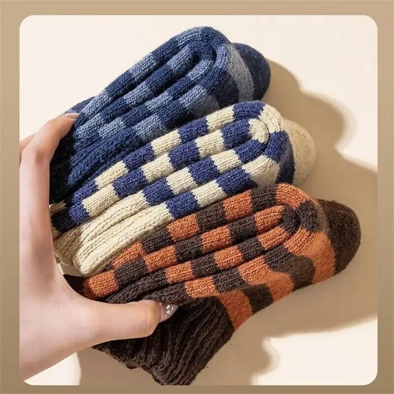 5 pares/meias masculinas super grosso inverno quente meias de lã para resistir frio listrado terry meias quentes super grossas meias de lã de tubo médio
