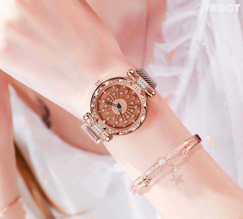 女性星空時計の高級ダイヤルダイヤモンドカジュアルクォーツ時計 + ブレスレットの女性の腕時計女性時計 zegarek damski