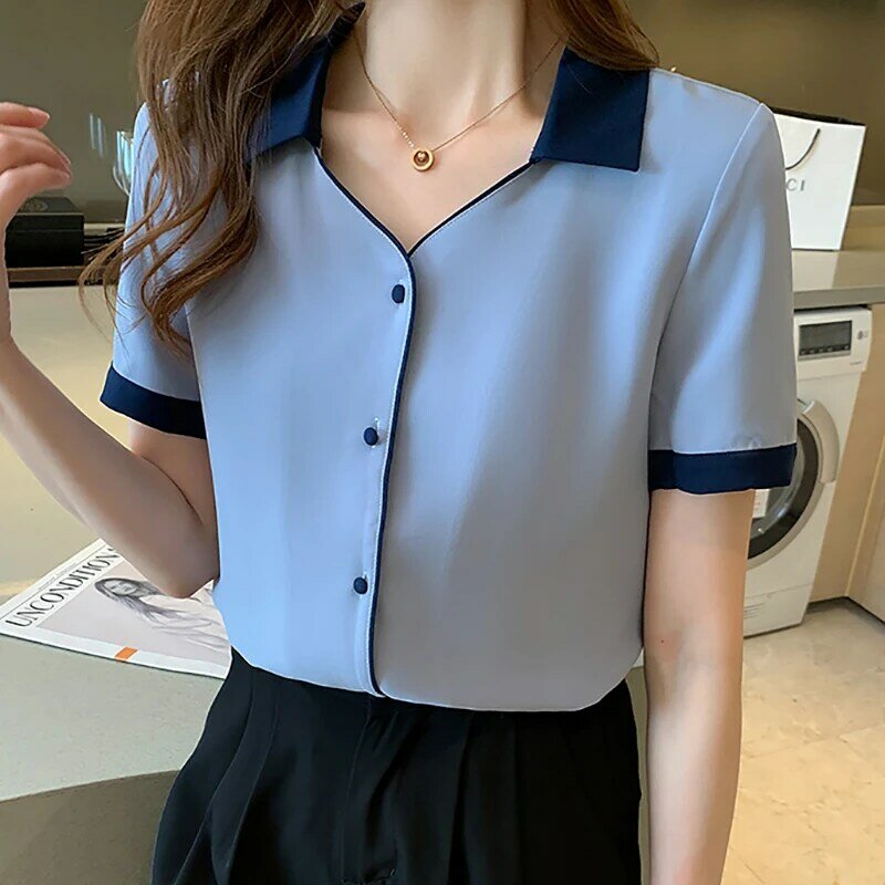 Shintimes New V-Neck Chiffon Blouses Button Short Sleeve Women Shirts 2021 Office Lady Summer Tops Woman Clothes Chemisier Femme