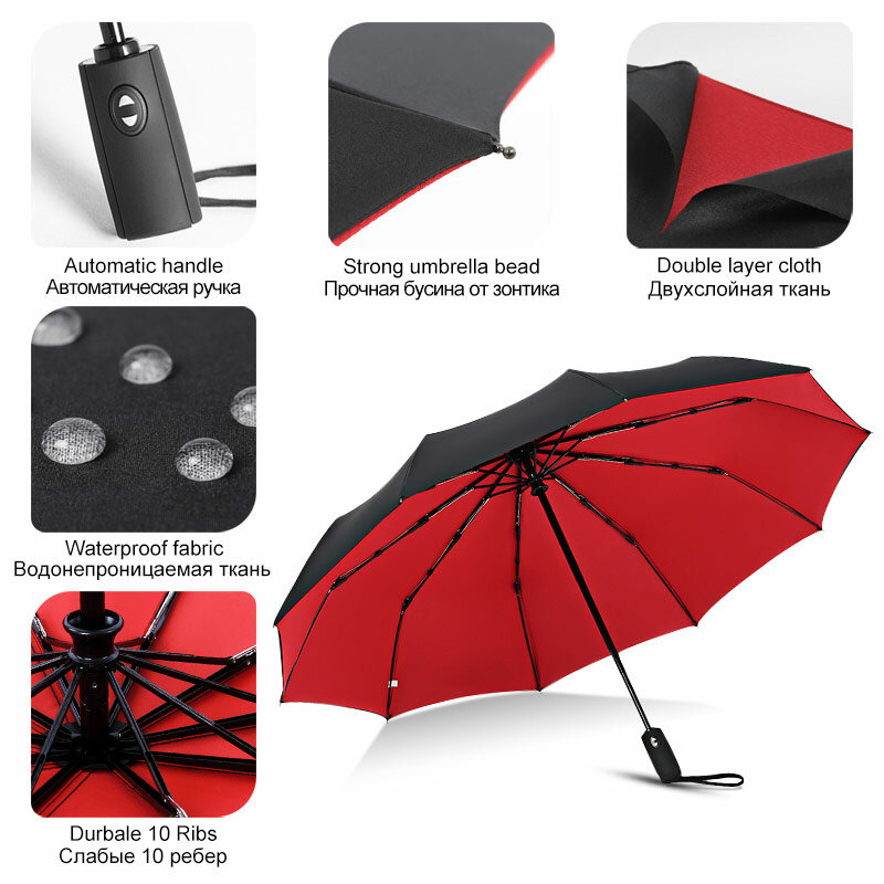 Parapluie de luxe automatique, double couche, 3 plis, pour homme et femme, résistant au vent, grand format, avec 10 baleines, pour cadeau