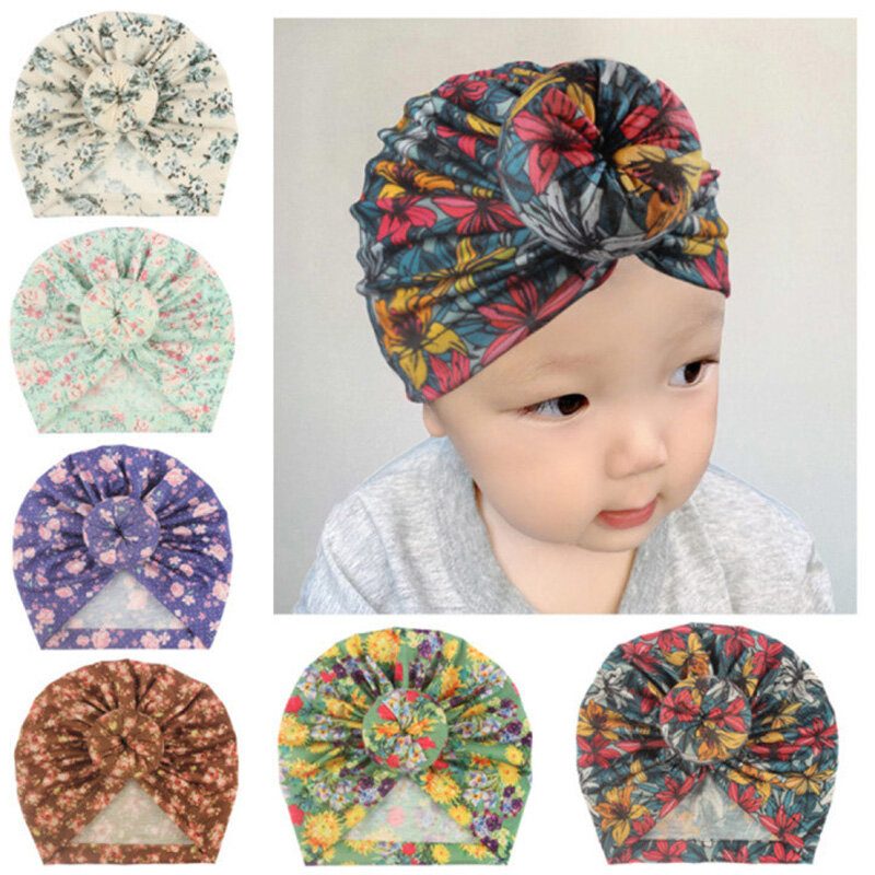 Шапочка-тюрбан для маленьких девочек, шляпа детская шапочка хлопок, с цветочным принтом, 1 шт.