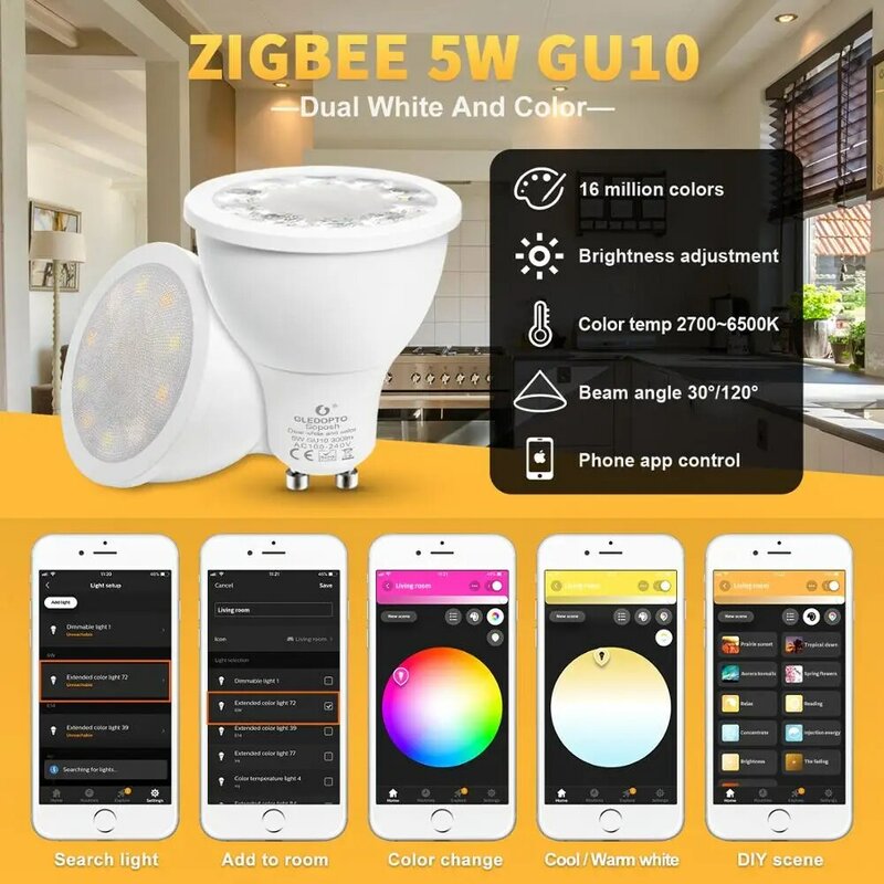 Zigbee-lâmpada inteligente led gu10, lâmpada que muda de cor, 5w, luz branca dupla, funciona com alexa, echo e plus