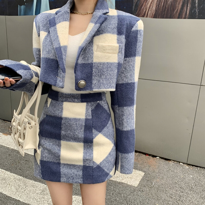 Plaid woolen skirt suit female spring season new temperament Hong Kong style retro chic two-piece skirt